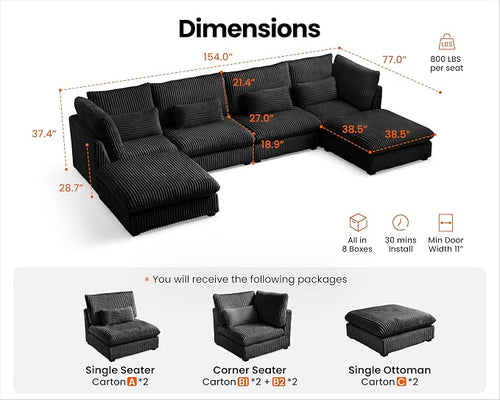 154" Oversized Corduroy Couch Modular Sectional Sofa, Washable Cloud Couch - Image 2