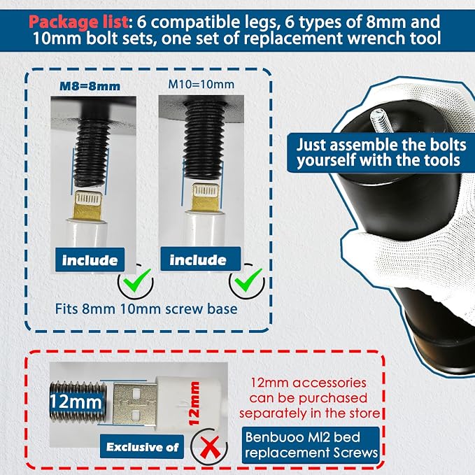Benbuoo 13 Inch Metal Adjustable Bed Base Frame Leg Replacement Heavy Duty - Image 4