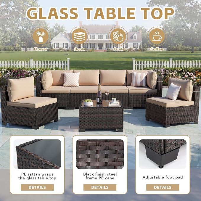 CHABATREE 7pcs Outdoor Patio Furniture Sets, Rattan Conversation Sectional Set - Image 4