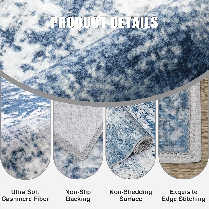 2'x6' Runner Rug Washable Rug: Modern Abstract Soft Thin Runner Rug Blue - Image 6