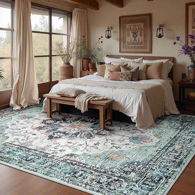 RELEANY Area Rugs 9'x12' Washable Non-Slip, Floral Vintage Distress Print - Image 2