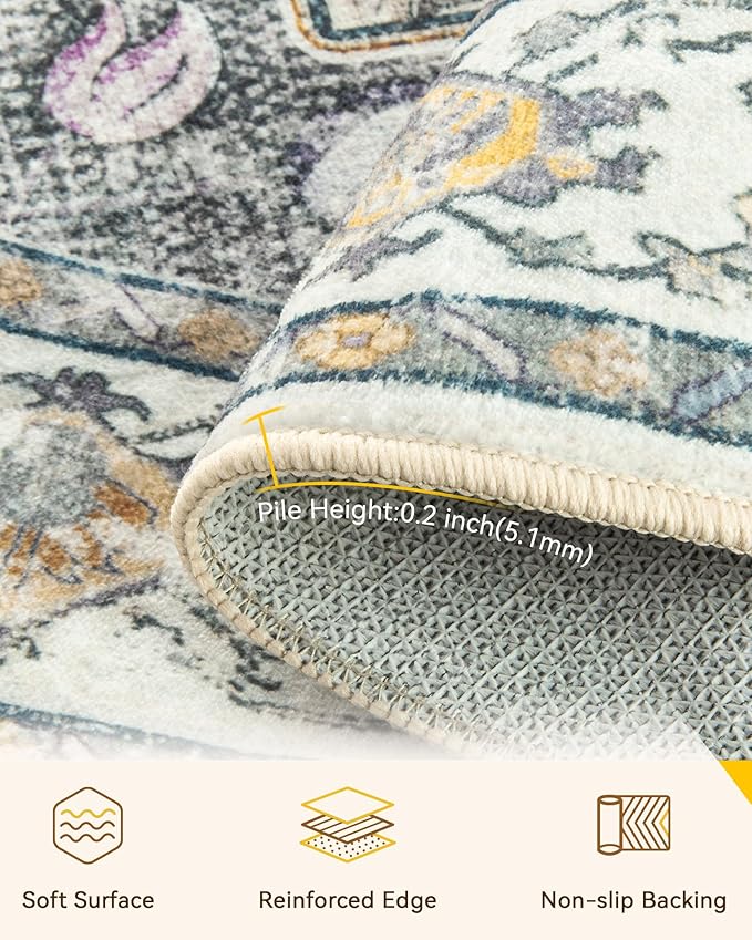 RELEANY Area Rugs Round 4ft Washable Non-Slip, Floral Vintage Distress Print - Image 4