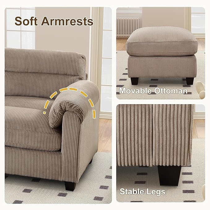 HAOMARKETS Corduroy Sofa Set, Upholstered Ottoman, Loveseat Set of 2with Plush - Image 4