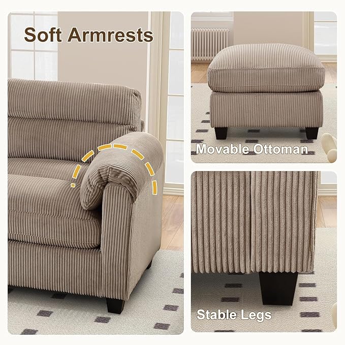 HAOMARKETS Corduroy 2-Piece Sofa Set, Upholstered Ottoman and 3-Seater Sofa - Image 5
