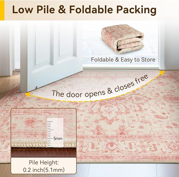 RELEANY Area Rugs Round 8ft Washable Non-Slip, Floral Vintage Distress Print - Image 5