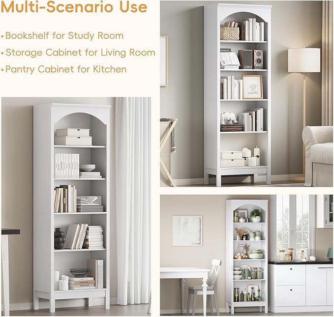 Arched Bookshelf with 5 Tier Open Shelves, Study and Living Room, Modern White - Image 6