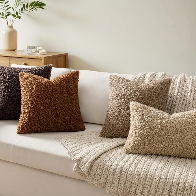Faux Fur Throw Pillow Covers 18x18 Inch Set of 2 Boucle Neutral Decorative - Image 2