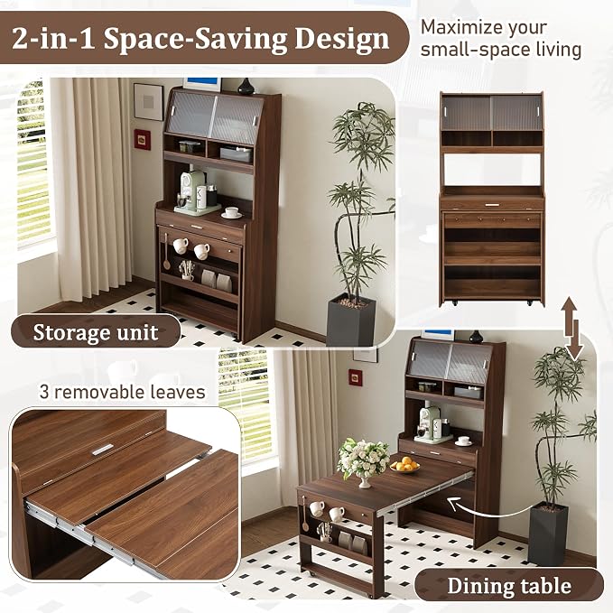 Kitchen Storage Cabinet with Hutch and Extendable Dining Table, 33.5" - Image 4