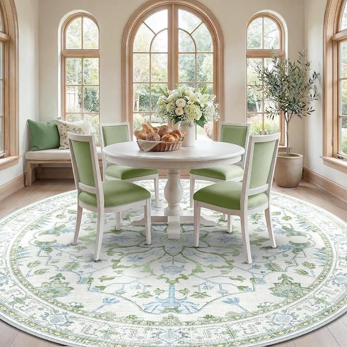 RELEANY Area Rugs Round 8ft Washable Non-Slip, Floral Vintage Distress Print - Image 2