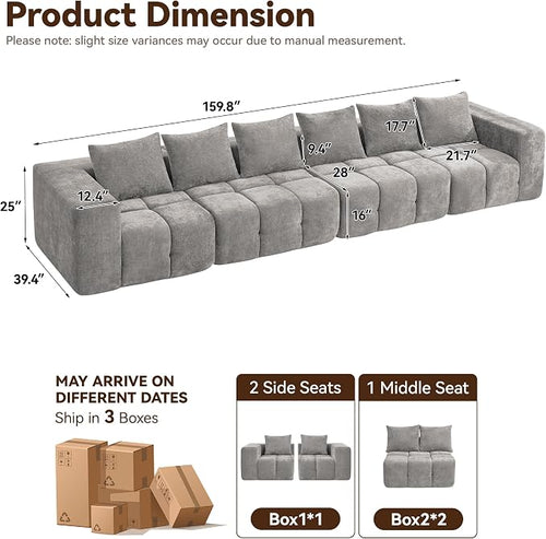 160" Oversized 6 Seater Boneless Couch, Comfy Cloud Modular Sectional Sofa - Image 2