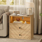 Modern Nightstand with Charging Station, LED Bedside Table with 2 Storage by TROJMHome