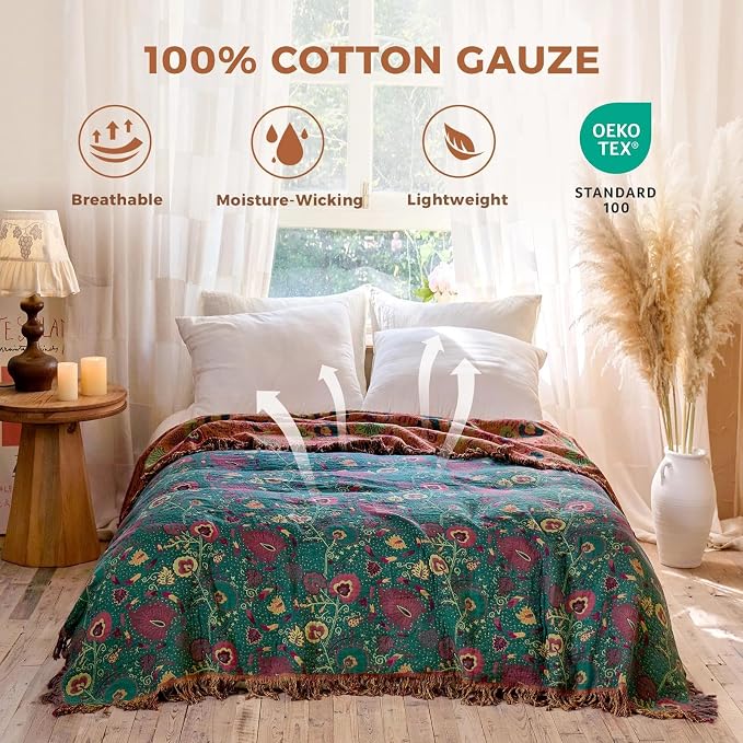LUTBM Boho Throw Blanket for Bed 100% Cotton Soft Lightweight Quilt Home Decor - Image 2