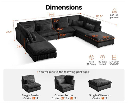 154" Oversized Corduroy Couch Modular Sectional Sofa, Washable Cloud Couch - Image 2