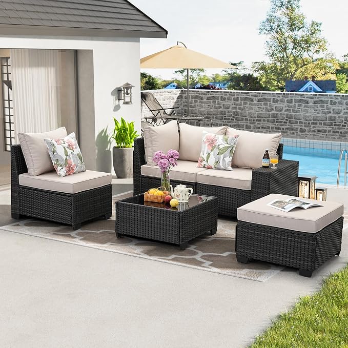 JOYURE 5 Pieces Patio Furniture Set All-Weather Outdoor Wicker Sectional - Image 8