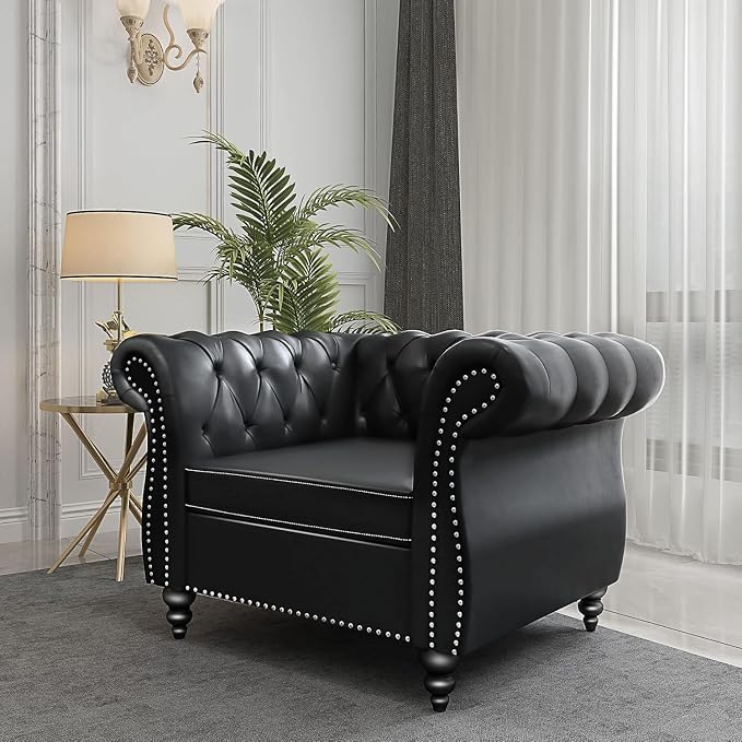 Living Room Chair, Modern Leather Chesterfield Sofa Chair, Mid Century Single - Image 3