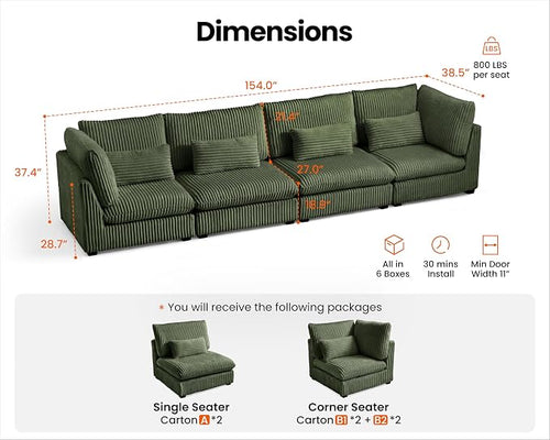 154" Oversized Corduroy Couch Modular Sectional Sofa, Washable Cloud Couch - Image 2