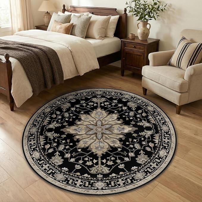RELEANY Area Rugs Round 4ft Washable Non-Slip, Floral Vintage Distress Print - Image 3