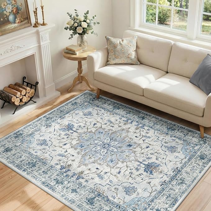 RELEANY Area Rugs 4'x5' Washable Non-Slip, Floral Vintage Distress Print by RELEANY