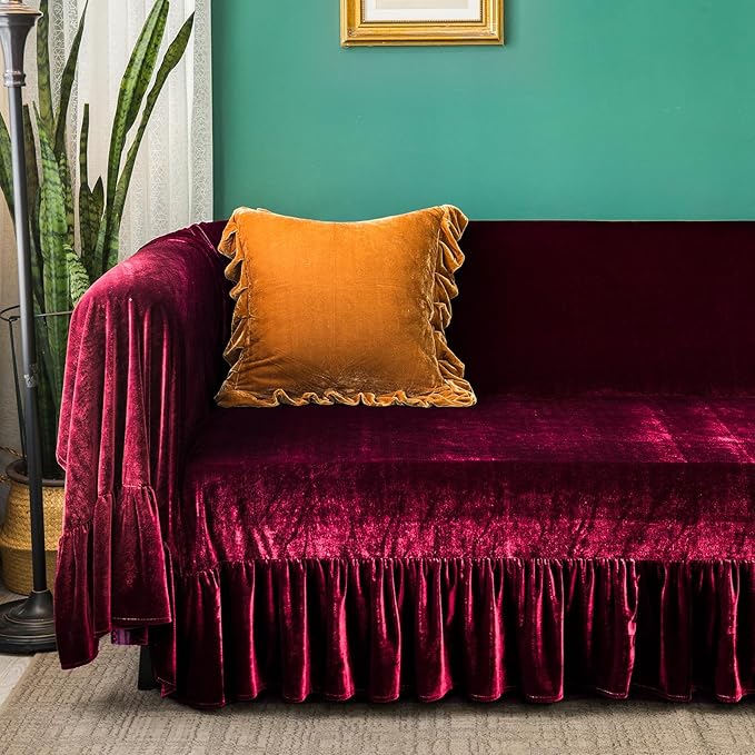 GLORY SEASON Velvet Sofa Cover Soft Decorative Luxurious Solid Exquisite Ruffle - Image 2