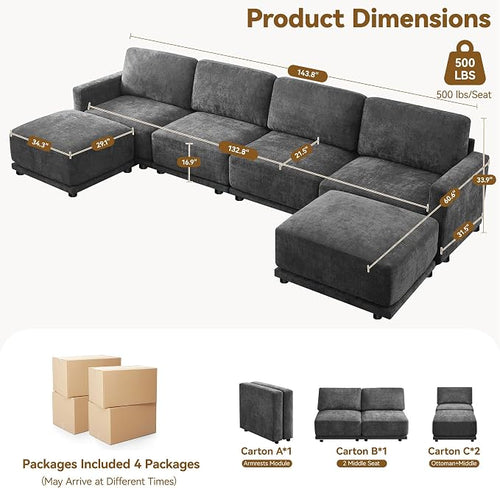 143.8" Modular Sectional Sofa Modern Chenille U Shaped Couch - Image 2