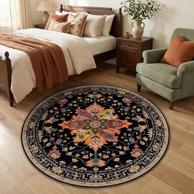 RELEANY Area Rugs Round 4ft Washable Non-Slip, Floral Vintage Distress Print - Image 2