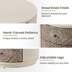 HOMPUS Round End Table with Carved Floral Pattern, Vintage Nightstand w 3 - Image 6