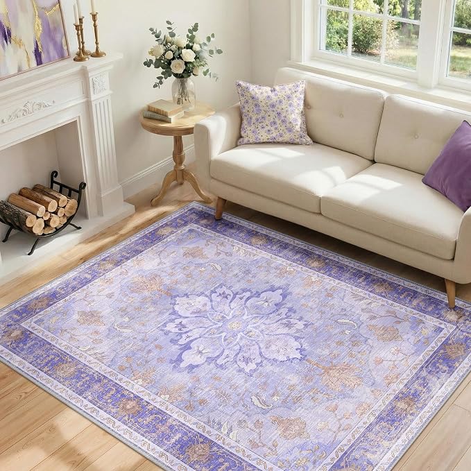RELEANY Area Rugs 4'x5' Washable Non-Slip, Floral Vintage Distress Print by RELEANY