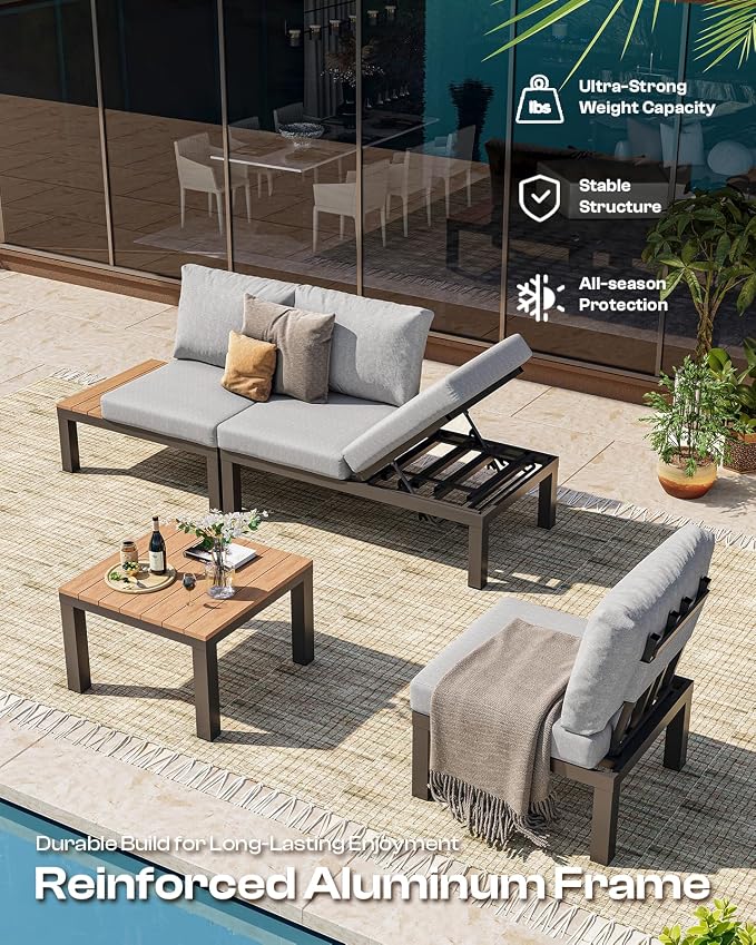 Aluminum Outdoor Patio Sofa Set, 2 Seats Modular Sectional Reclining Loveseat - Image 6