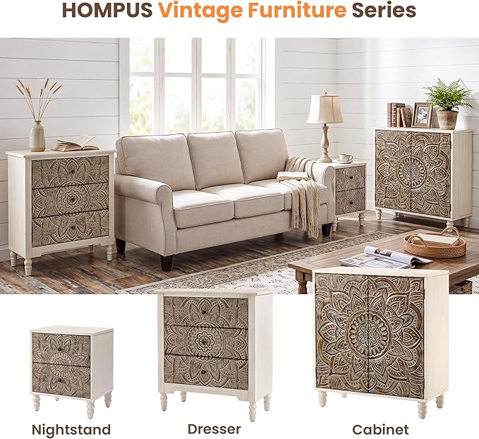 HOMPUS White 3 Drawer Dresser Set 2, Bedside Table Set of 2 - Image 7