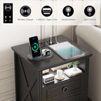Nightstand Set 2 with Charging Station, Farmhouse End Side Table with 3 Drawers - Image 5