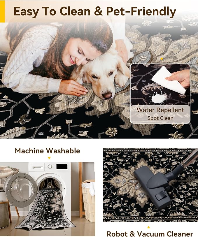 RELEANY Area Rugs Square 7ft Washable Non-Slip, Floral Vintage Distress Print - Image 3