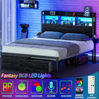 Furnulem Queen Bed Frame with Wood Headboard and Storage Shelf, Metal Platform - Image 5