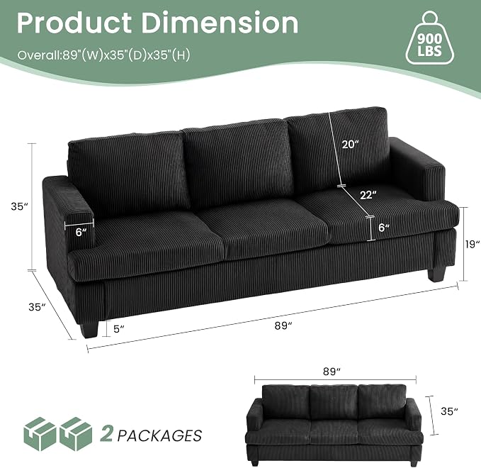 3 Seater Corduroy Couch for Living Room, 89” Black Cloud Sofa, Deep Seat Floor - Image 2