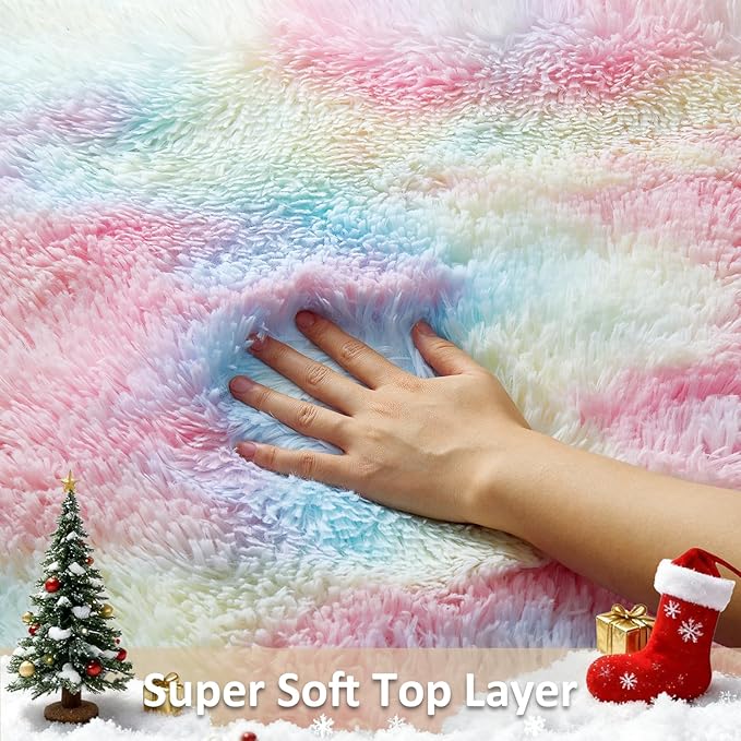 Ophanie Rainbow Colorful Rugs for Living Room 5x8, Unicorn Fluffy Shag Fuzzy - Image 2