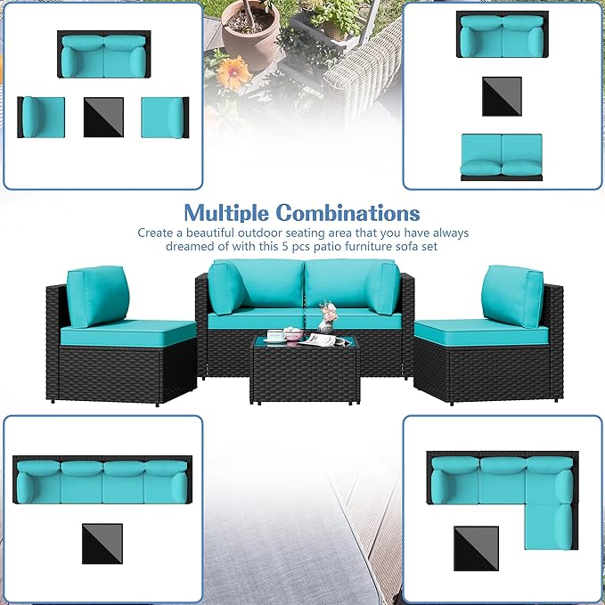 Shintenchi 5 Pieces Outdoor Patio Sectional Sofa Couch, Patio Conversation Sets - Image 6