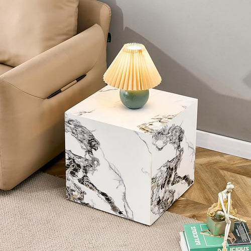 16'' Cube Coffee Table with Marble Stone Pattern, Square No Assembly End Table by KTRolster