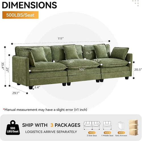 111'' Sectional Cloud Deep Seat Couch, Modern Comfy Chenille Modular Sectional - Image 2
