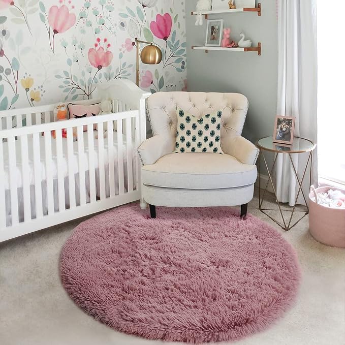 Blush Fluffy Round Rug 5Ft for Bedroom, Fuzzy Plush Circle Area Rugs for Baby - Image 8