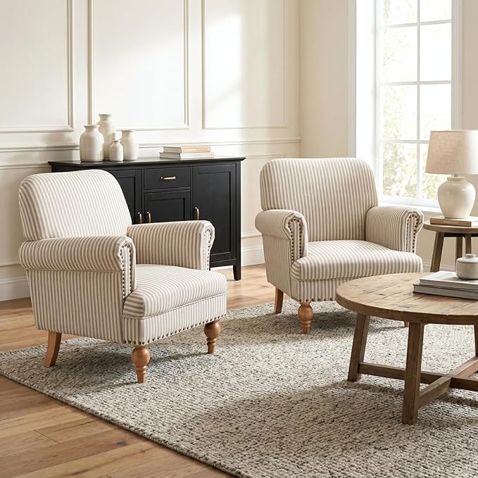 Khaki Striped Linen Fabric Accent Chairs Set of 2, Modern Farmhouse Upholstered - Image 5