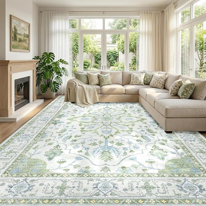 RELEANY Area Rugs 9'x12' Washable Non-Slip, Floral Vintage Distress Print by RELEANY