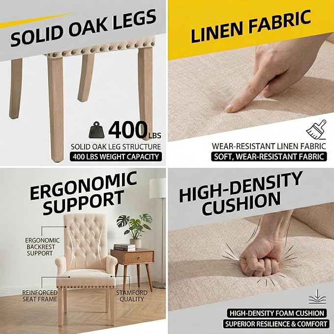 Modern Backrest Cushioned Dining Chair, Button Decorated Armrest Linen Chair - Image 7