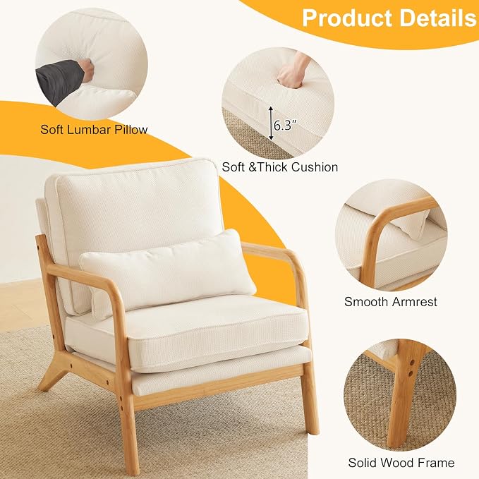 VINGLI Coarse Linen Beige Comfy Accent Chair, Mid Century Modern Lounge Armchair - Image 3