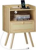 SUPERJARE Nightstand with Charging Station & Rattan-Like Decor Drawer, Rattan by SUPERJARE