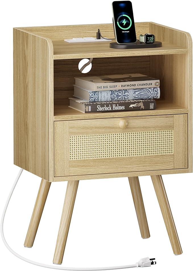 SUPERJARE Nightstand with Charging Station & Rattan-Like Decor Drawer, Rattan by SUPERJARE