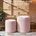 Set of 2 Round Storage Ottomans, Velvet Footstool Pouf - Image 2