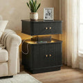 Black Nightstand with Charging Station and LED Light, Fluted Bedside Table with by Akmakm