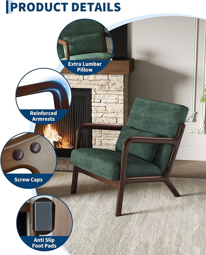 Garvee Mid-Century Modern Accent Chair, Chenille Upholstery, Solid Wood Armchair - Image 4