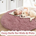 Blush Pink Small Round Rug 3Ft for Kids Bedroom, Fluffy Fuzzy Furry Circle Area - Image 3