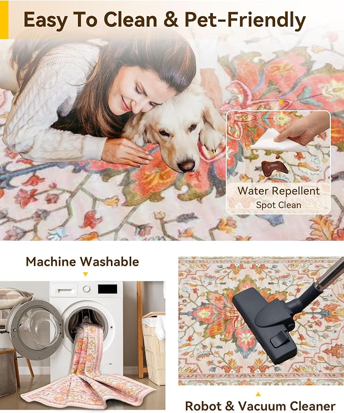 RELEANY Area Rugs 10'x12' Washable Non-Slip, Floral Vintage Distress Print - Image 3
