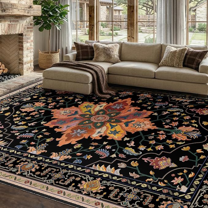 RELEANY Area Rugs 7'x9' Washable Non-Slip, Floral Vintage Distress Print by RELEANY